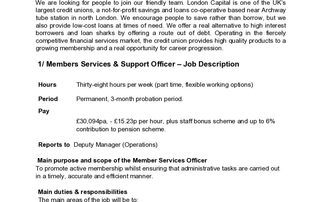 Job Advert Member Services and Support Officer Jan 2025